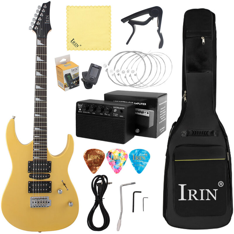 Желтая гитара IRIN с 24 ладами, 6 струн, кленовый корпус, Шейная гитара с сумкой-усилителем, тюнер, каподастр, чистящая ткань, детали
