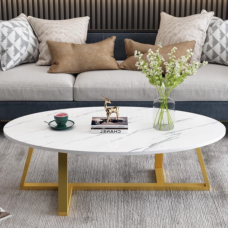 Coffee Table, Oval Faux Marble Coffee Table, Modern Gold Elliptic Side End Table for Living Room and Kitchen, Coffees Tables