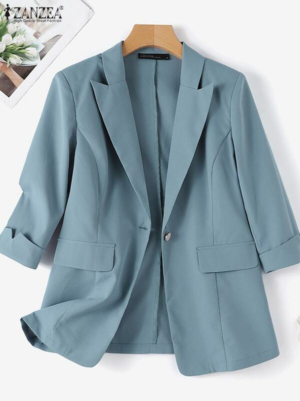 Женский винтажный Блейзер ZANZEA сезона 2023 года, осенняя верхняя одежда с отворотом и рукавом 3/4, модная женская элегантная Однотонная рубашка в офисном стиле
