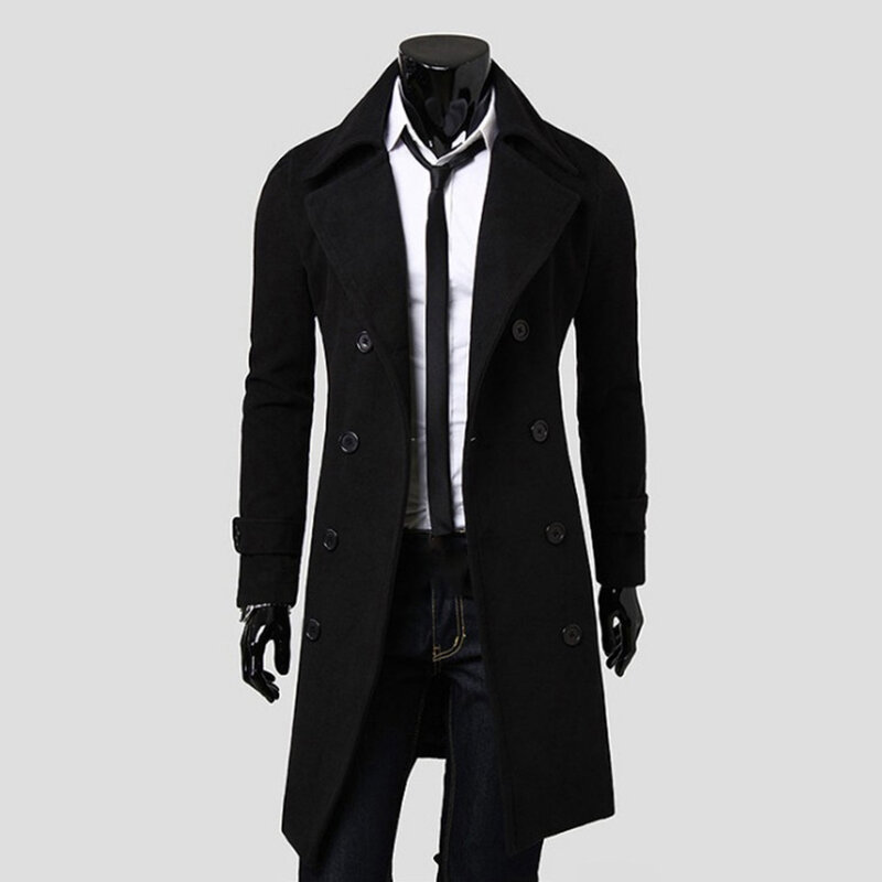 Autumn Winter Long Trench Coat Double-breasted Solid Color Mid-Length Windproof Thick British Slim Jacket gabardina hombre