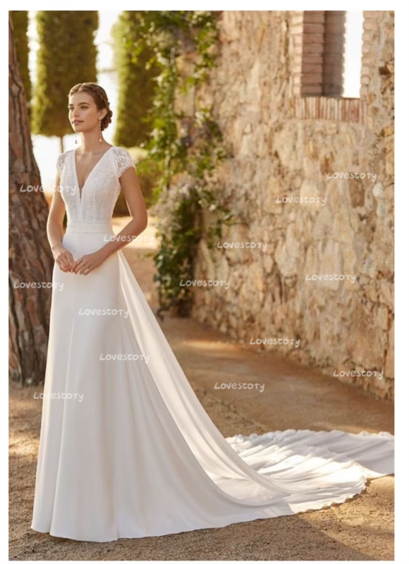 Elfenbein Spitze Satin Moderne Brautkleider Mit Abnehmbaren Zug V-ausschnitt Cap Sleeves Braut Kleider Plus Größe Cut-Out Vestidos de Noiva