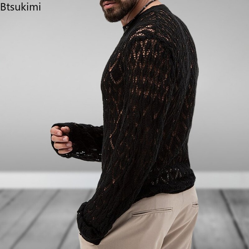 2024 kaus rajut pria seksi berlubang Pullover Retro kaus rajut bordir tipis lengan panjang atasan berongga transparan hitam