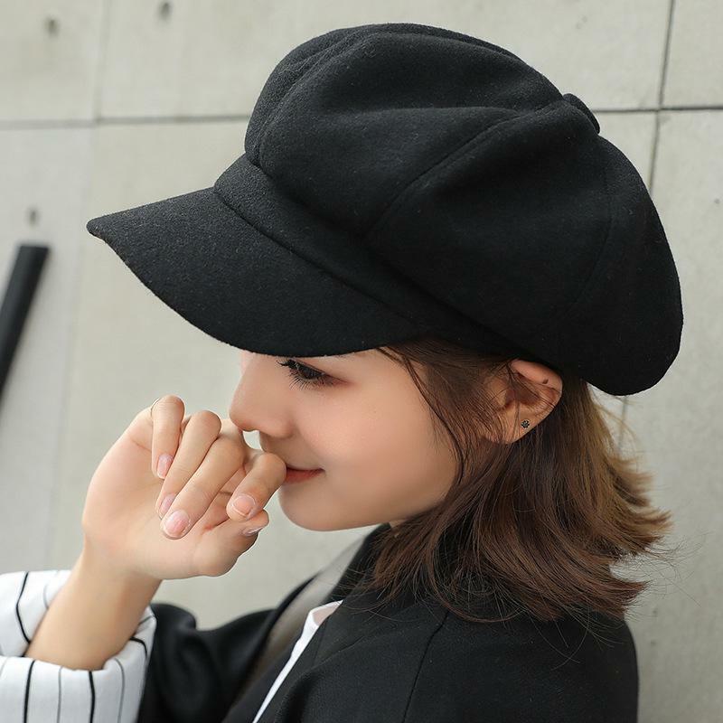 Topi wol polos untuk wanita, topi pelukis baret oktagonal polos kasual musim dingin musim gugur pria wanita