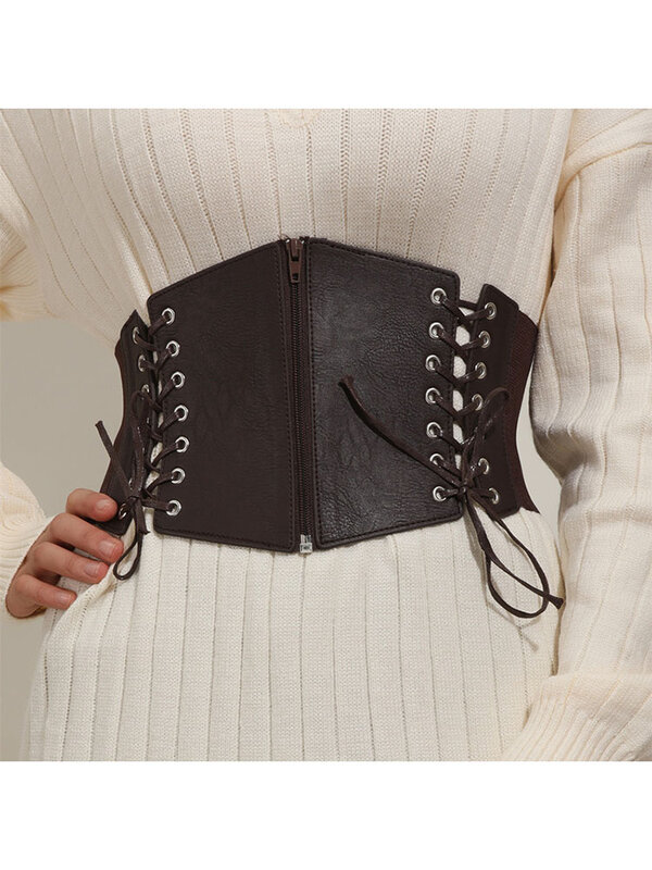 Retro Gothic Leather Belted Waist Girdle Waistband Zipper Bandage Elastic Band Corset Under Bust Women's Girdle Black Wide Belts