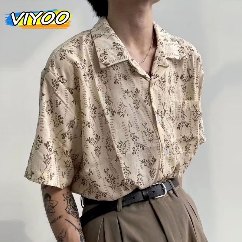 일본 남성용 빈티지 속건성 아이스 실크 비치 셔츠, 힙합 여름 옷 셔츠, 남성 패션, 하라주쿠 상의, 스트리트웨어