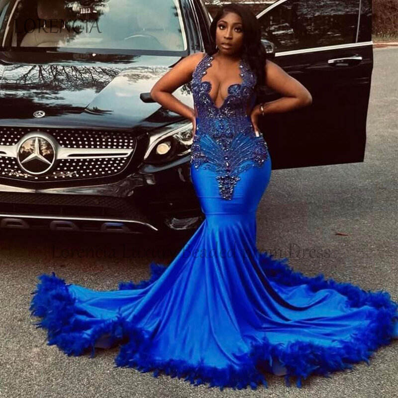 Sparkly Blue Sequin Mermaid Prom Dresses Black Girl Glitter Luxury Crystal Beading Formal Evening Party Gowns Robe De Soirée
