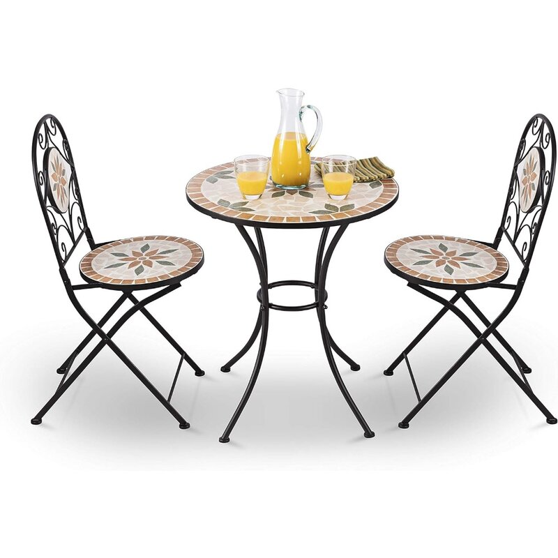 Conjunto de restaurante de mosaico para interiores y exteriores, mesa y sillas plegables, asientos de Patio, Tan, 3 piezas