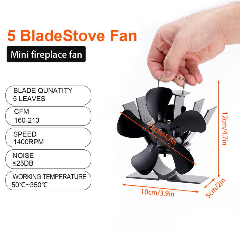 5 Blade Heat Powered Stove Fan Mini Fireplace Fan Log Wood Burner Eco-fan Quiet Fireplace Fan Heater Efficient Heat Distribution