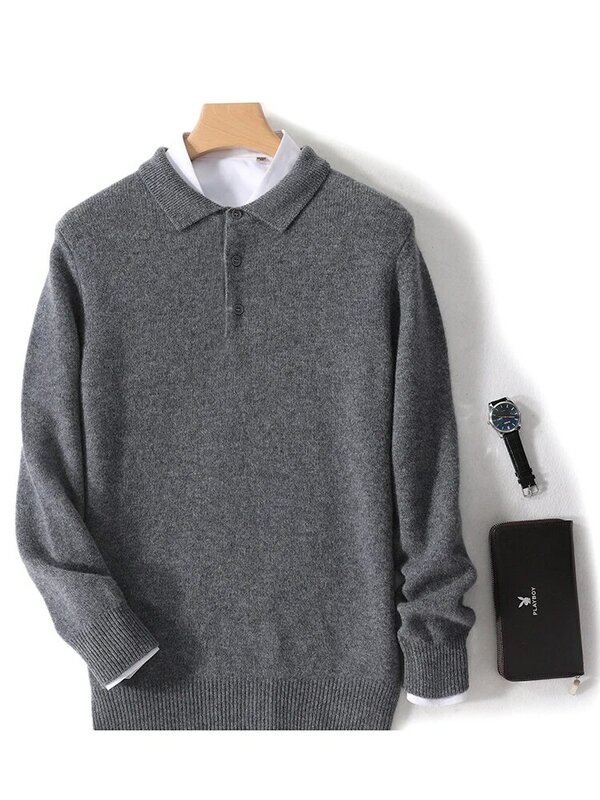 ADDONEE baru pria Sweater Polo untuk musim semi musim gugur lengan panjang Smart kasual Pullover 100% Merino wol rajut pakaian dasar