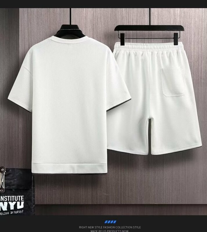 Conjunto de pantalones cortos con estampado de gofres para hombre, chándal holgado de 2 piezas, estilo Harajuku, moda de verano, 2024