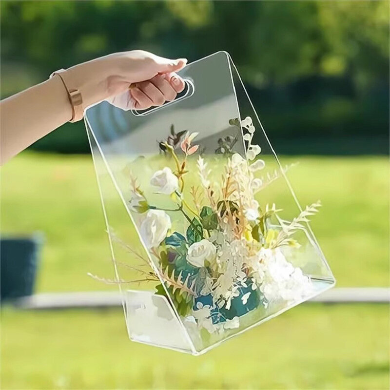 Kotak hadiah akrilik transparan, dengan pegangan tahan air Tote bunga buket kotak pembungkus pesta pernikahan hadiah tas kemasan