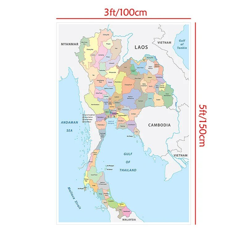100*150Cm Peta Administrasi Peta Thailand Dalam Bahasa Inggris Kanvas Non-woven Lukisan Dinding Poster Seni dan Cetak Dekorasi Rumah