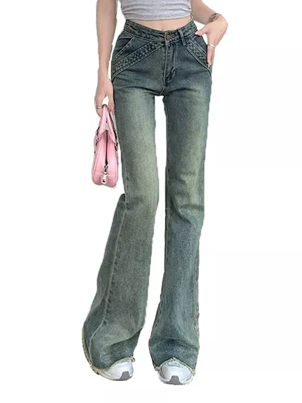 Vintage amerikanische Mode klassische Distressed Frauen Jeans neue einfache lässige schlanke in voller Länge Chic Flare weibliche hoch taillierte Jeans