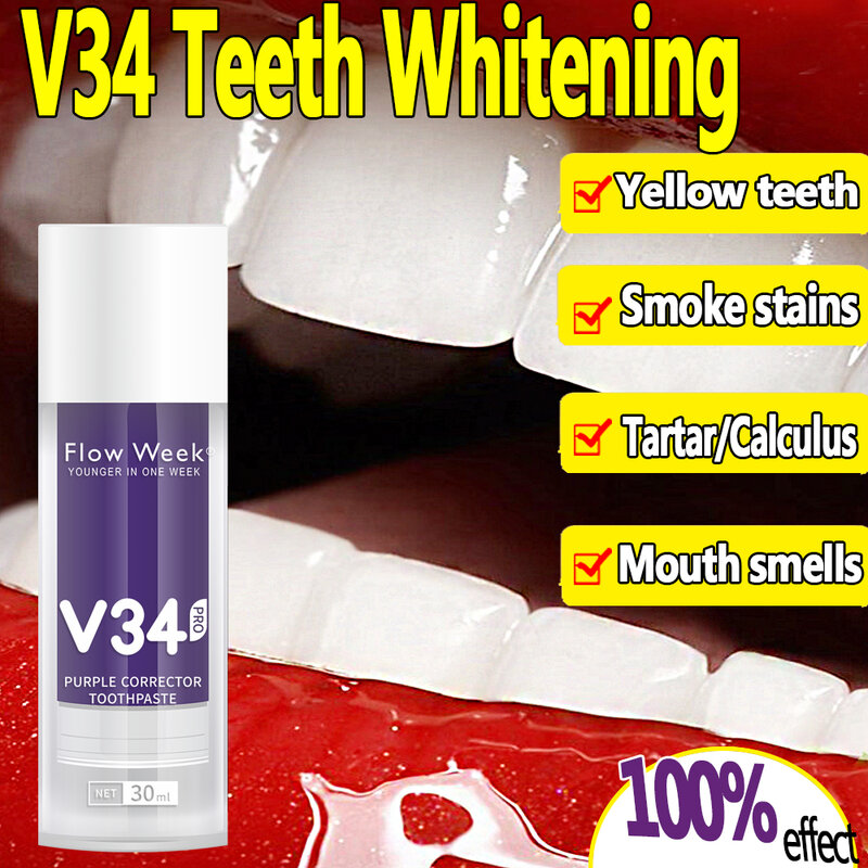 Pasta de dente roxa FlowWeek V34, clareamento de dentes V34, dentes brancos, pasta de dente branca, clareador de dentes, remove manchas de café de cigarro nos dentes, atendimento odontológico