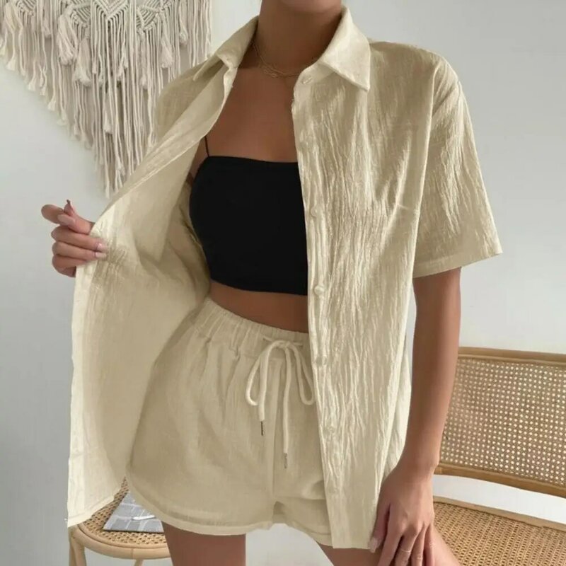 여성용 얇은 복장 캐주얼 셔츠 반바지 세트, 신축성 있는 드로스트링, 허리 라펠 칼라, 와이드 레그 디자인, 여름용 2 피스