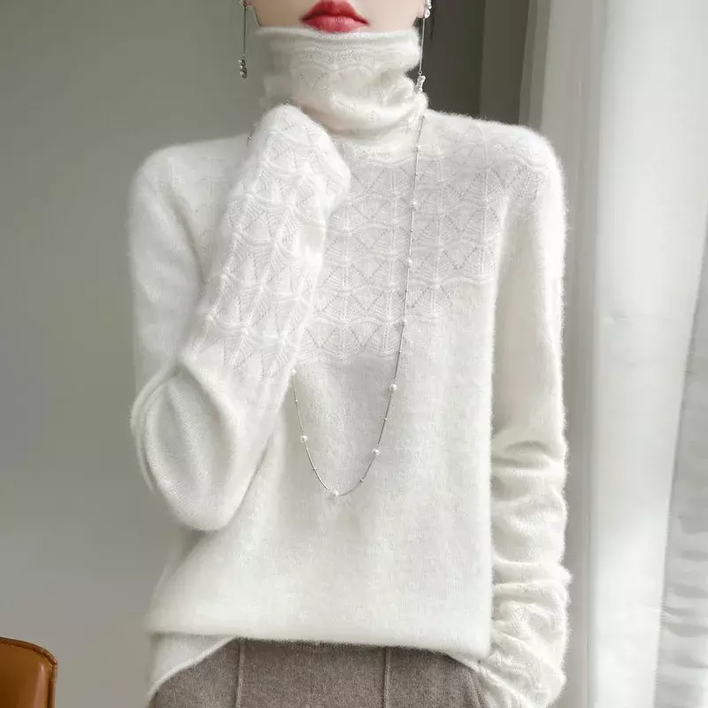 Merino Pullover wol musim dingin wanita, Sweater rajut leher tinggi warna polos lengan panjang, Jumper kasmir tanpa jahitan berongga 100%