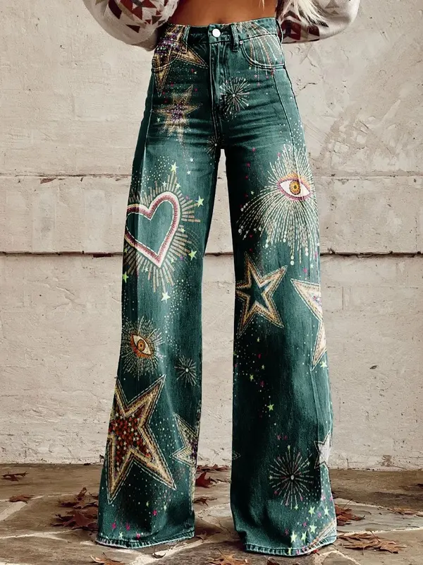 Penjualan terlaris lintas batas 2024 jeans imitasi gambar cetak longgar baru celana longgar kaki lebar pinggang tinggi kasual serbaguna