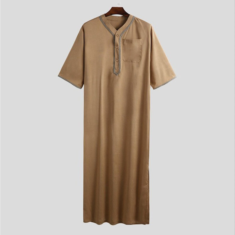 2023 Jubah Arab Islami Pria Setengah Lengan Warna Solid Leher V Pakaian Muslim Antik Kasual Timur Tengah Dubai Pria Jubba Thobe