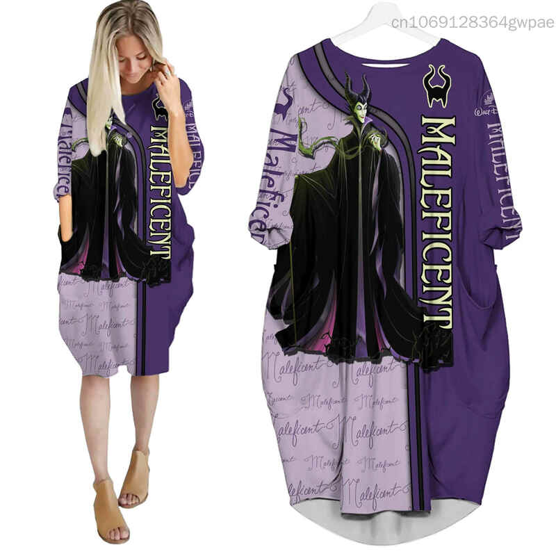Maleficent Oversize długie rękawy sukienka z kieszeniami Disney Cartoon Batwing sukienka z kieszeniami moda damska wszechstronna luźna sukienka imprezowa