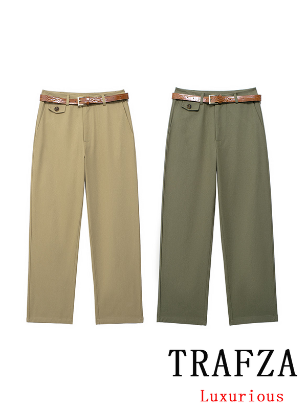 TRAFZA Vintage Casual Chic Women Pants Solid Sashes Pockets Straight Loose Pants New Fashion 2024 Spring Summer Holiday Trousers
