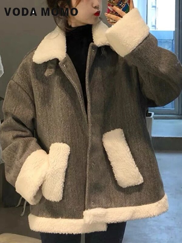 Koreańskie damskie modne casualowa kurtka proste luźne wszystkie zapałki w stylu Streetwear odzież wierzchnia Harajuku sztuczne jagnięce płaszcze jednolita, w Patchwork