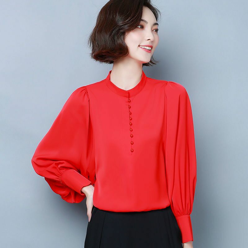 Blus Putri Istana Lengan Lentera Wanita Sifon Atasan Wanita Kantor Musim Semi Kaus Dekorasi Kancing Leher O Streetwear Elegan Korea