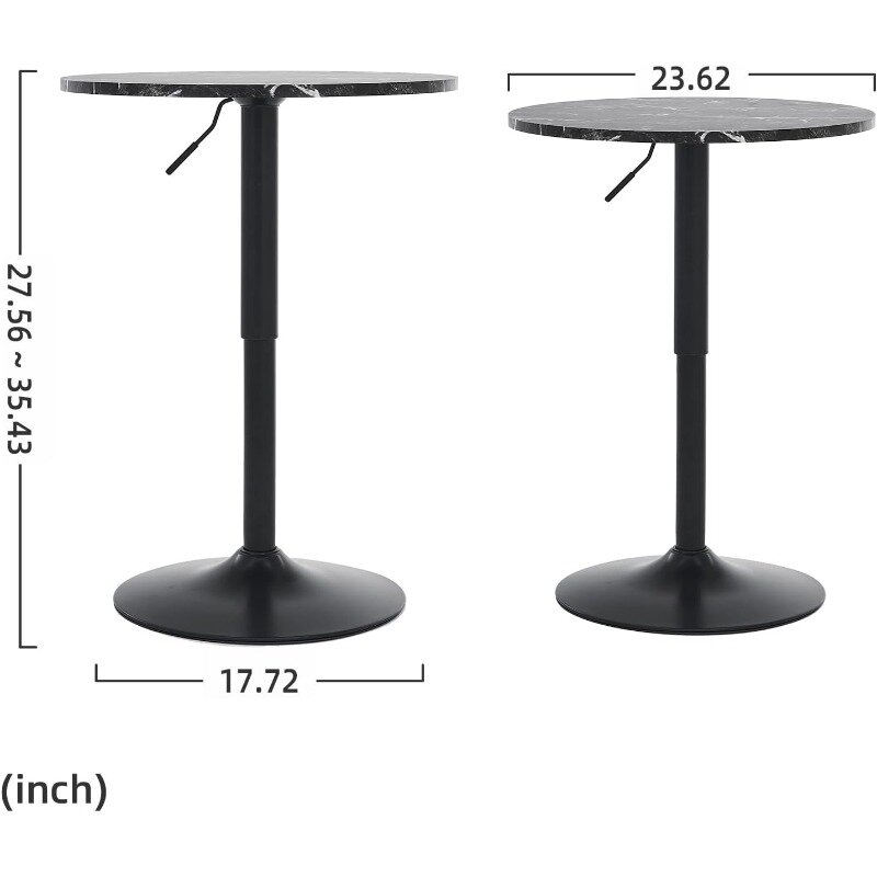 Meja Bar bulat 23.62 ", Meja dapat disetel, atasan MDF dengan penyangga tiang logam perak dan dasar, Meja Pub Bistro
