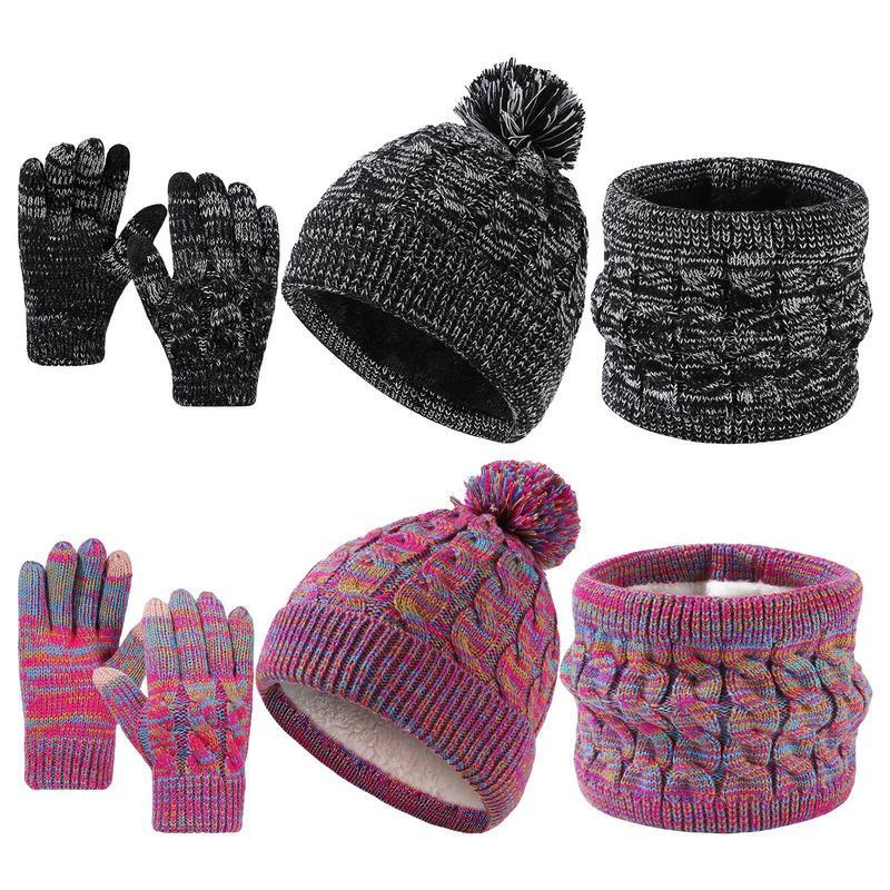 Conjunto de sombrero, bufanda y guantes de nieve para niños, lindos sombreros con Pompón, accesorios infantiles cálidos para exteriores, sombrero grueso para niños de invierno