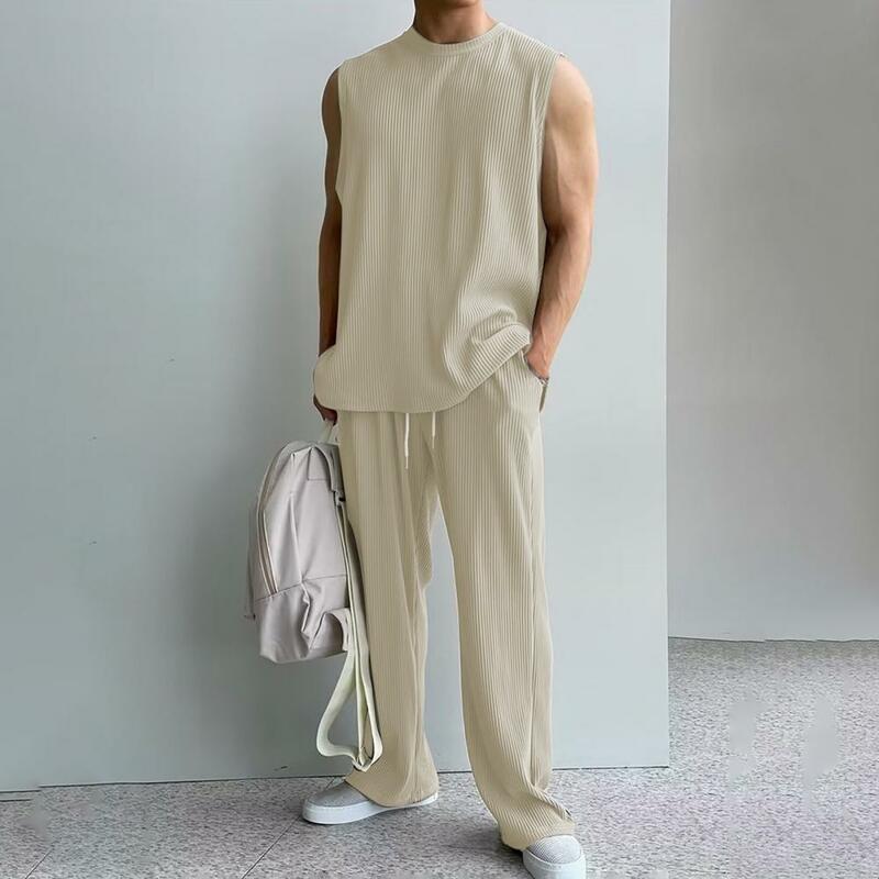 Summer Men Casual Outfit O-neck Sleeveless Tank Tops Elastic Drawstring Waist Wide Leg Long Pants Set Solid Casual Outfit