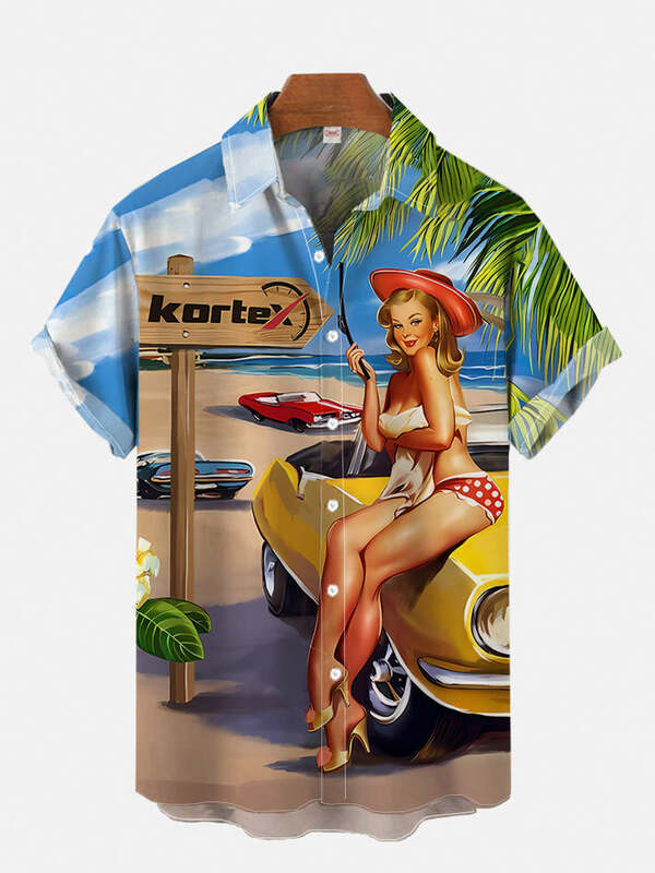 1970s-1980s Vintage Pin Up Girl Poster Hawaii Strand Cowgirl Druck Kurzarm Shirt Mode Hawaii Shirt für Männer hrajuku