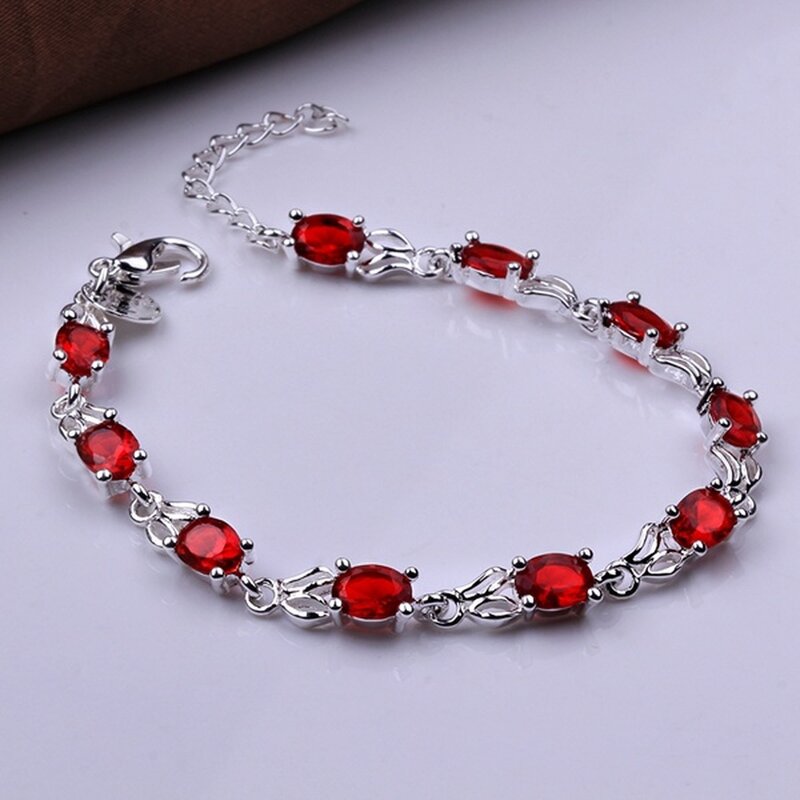 925 perak elegan pesona indah batu kristal merah perhiasan mode untuk wanita gelang pernikahan harga pabrik