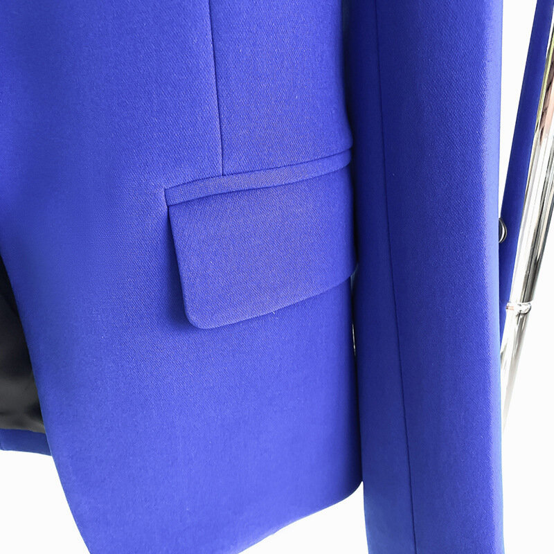 Женский деловой костюм из блейзера и брюк, синего цвета, приталенный хлопковый деловой костюм на одной пуговице