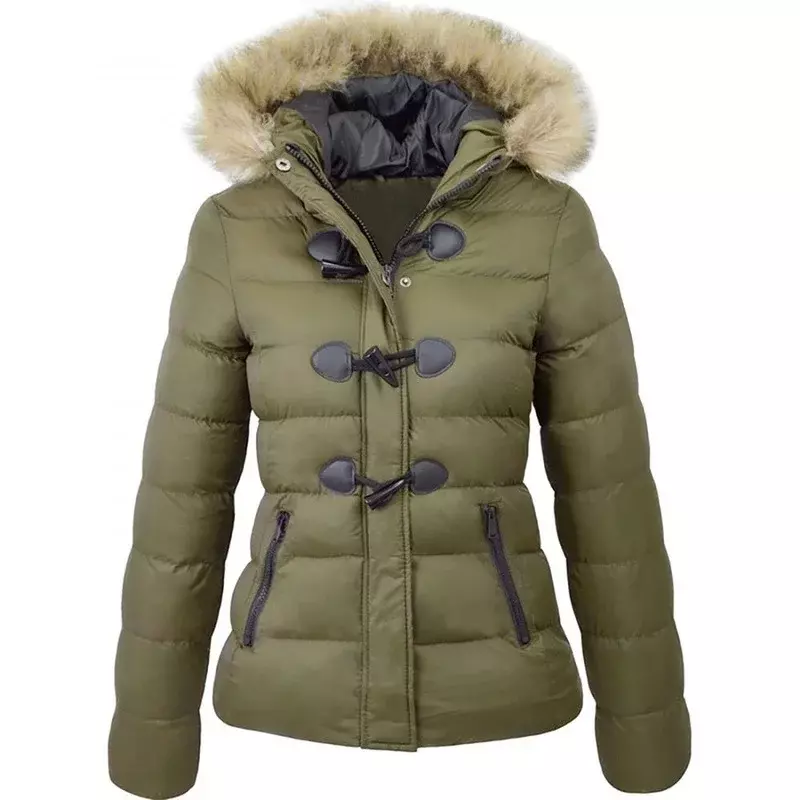 Jaqueta curta acolchoada em algodão para mulheres, jaqueta quente com fivela de chifre, decoração, modelos de inverno