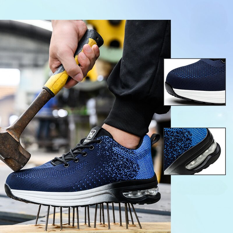 Air Cushion Work Safety Shoes para homens e mulheres, tênis de trabalho respirável, sapatos de toe de aço, sapato protetor de segurança antipunção