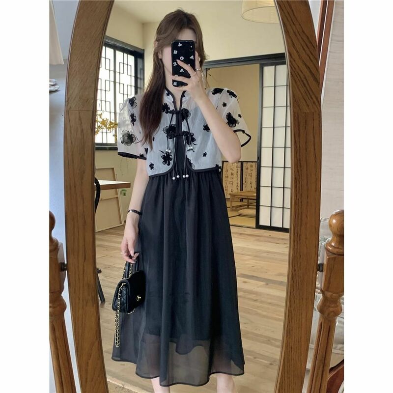 Korean Sets Women Print New Chinese Style Button Tender Thin Sun-proof Crop Tops Midi Dresses Elegant Vintage Ulzzang Casual