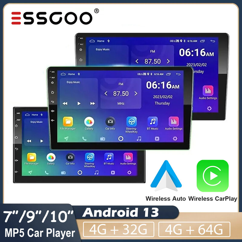 ESSGOO-مشغل وسائط متعددة للسيارات ، راديو سيارة ، 2 Din ، Apple Carplay ، نظام تحديد المواقع ، أندرويد Auto ، 2.5D ، شاشة IPS ، RDS ، DSP ، أندرويد 13