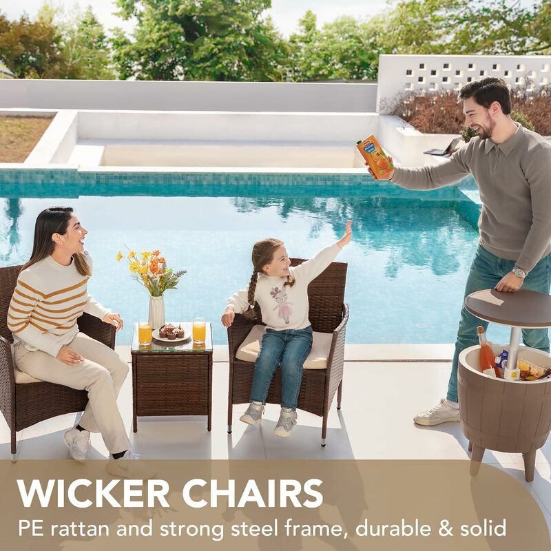 Devoko-patioのポーチ家具セット、pe籐、テーブル付きの籐の椅子、屋外の庭、茶色、ベージュ、3個