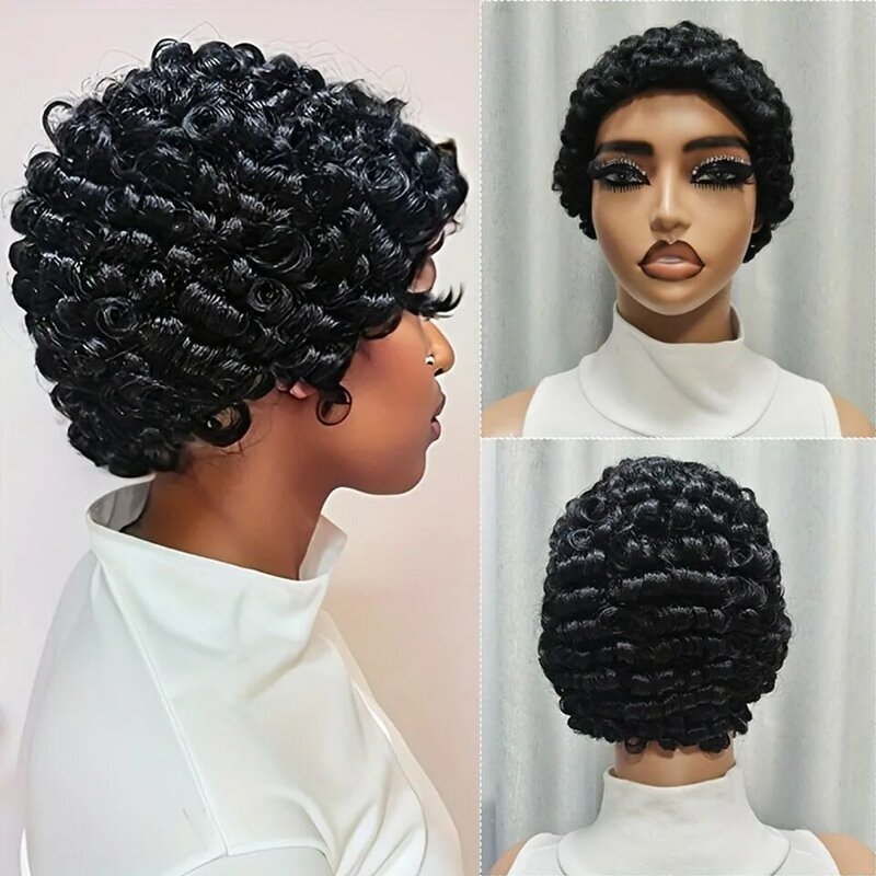 Short Kinky Curly Wigs Human Hair Pixie Cut Brazilian Human Hair For Women Natural Black Glueless Curly Human Hair Wigs