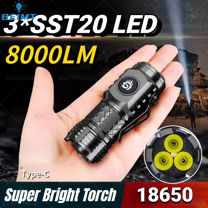 Alta Qualidade Lanterna LED Recarregável, Super Bright Torch, USB Light, à prova d'água com Cap Clip, Fit para Caminhadas e Camping, 3 * SST20, 18350