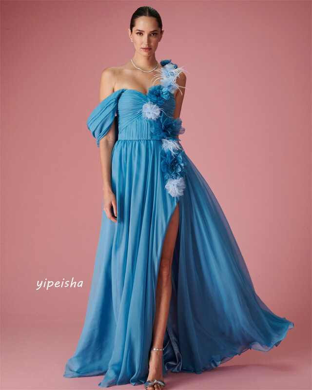 Prom Dress Evening Saudi Arabia Chiffon Flower Feather Draped Formal Evening A-line Off-the-shoulder Bespoke Occasion Gown