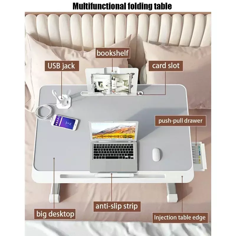 Dobrável Lift Laptop Desk para cama, suporte ajustável, mesa portátil, bandeja de café da manhã, gaveta para comer, trabalho e jogos