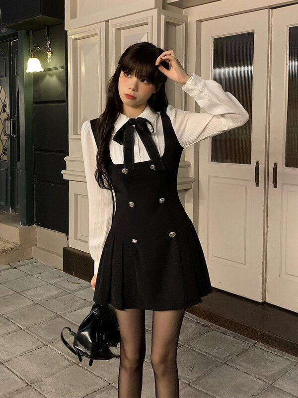 Vestido corto de dos vestidos falsos para mujer, minivestido informal ajustado de manga larga con lazo Y2k, moda coreana elegante para fiesta, Otoño, 2022