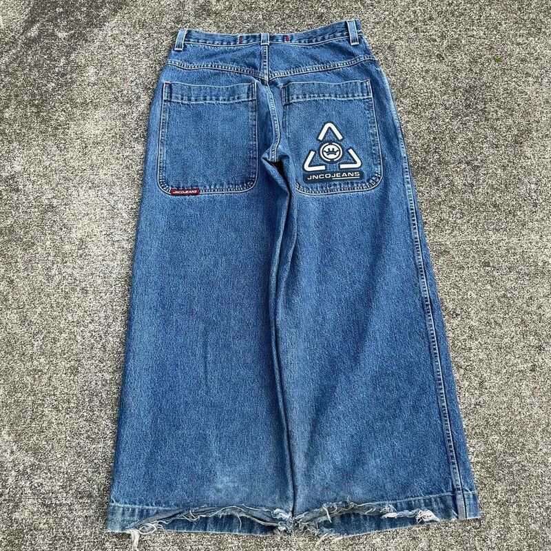 Retro Cross Pattern Baggy Jeans Harajuku Blue Jeans Hip Hop Men's and Women's High Waist Wide Leg Pants Street Wear Y2k Pants
