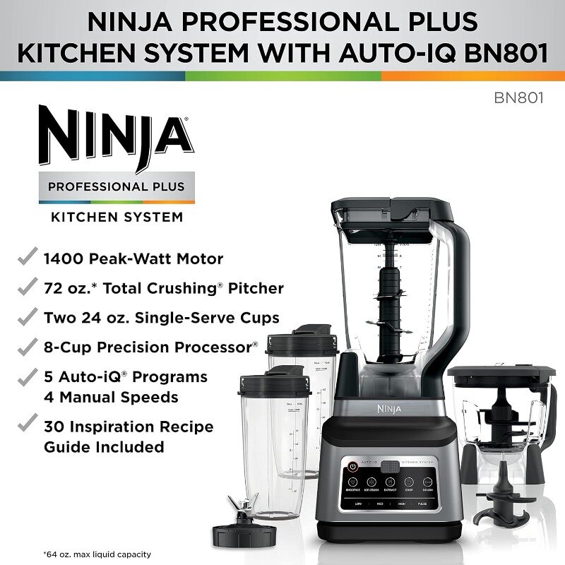 Ninja BN801 Professional Plus Kitchen System, 1400 WP Blender, 5 Funções para Smoothies, Cortar, Massa e muito mais com Auto IQ