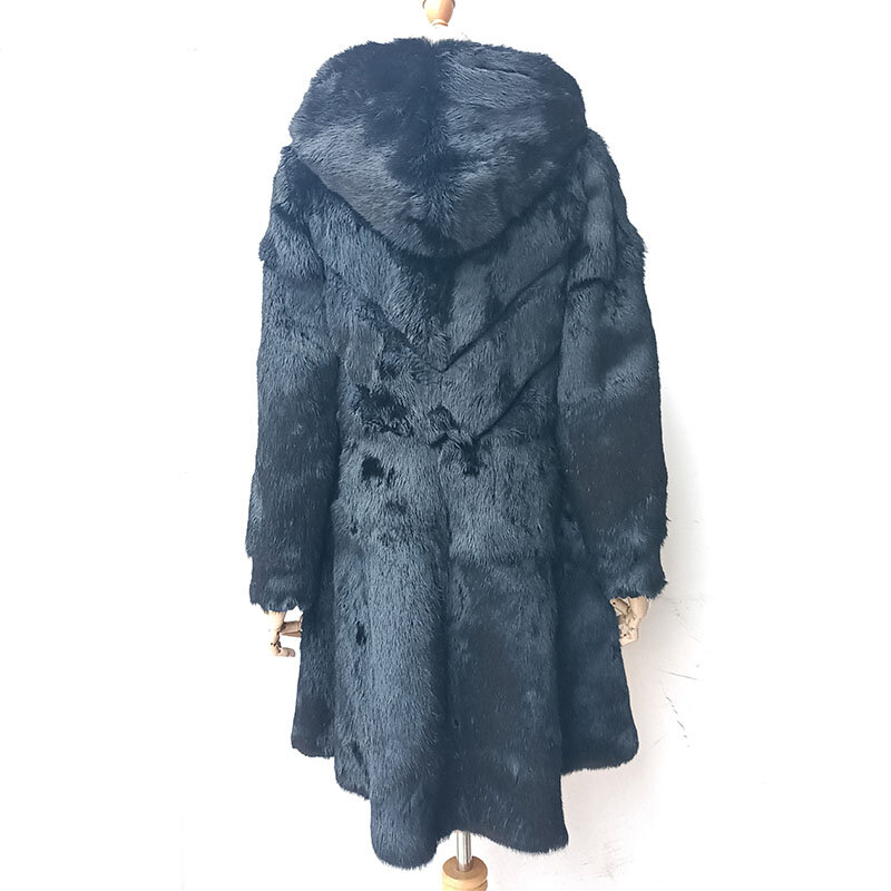 Manteau long en fourrure de lapin véritable pour femme avec capuche, veste à manches longues, vêtements d'extérieur chauds pour femme, hiver 2024