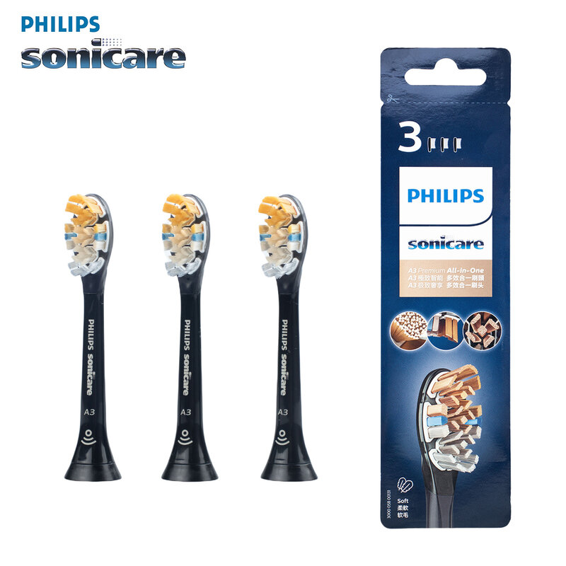 Philips Sonicare kepala sikat gigi asli, kepala pengganti semua dalam satu Premium A3 hitam, putih 3 kepala per set,