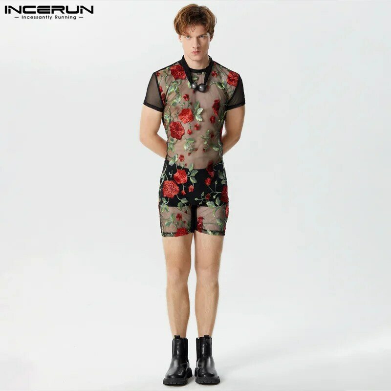 Pakaian jumpsuit pria seksi gaya Amerika baru pakaian rumah perspektif tipis leher-o motif bunga bodysuit lengan pendek S-3XL INCERUN 2024