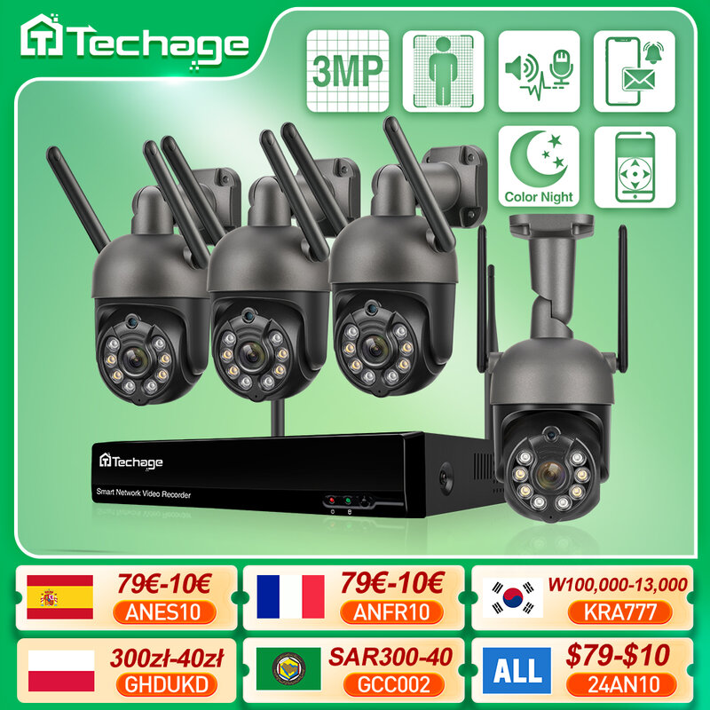 Techage-sistema de cámaras de seguridad para exteriores, Kit de videovigilancia NVR inalámbrico H.265, 10CH, 3MP, Audio bidireccional, Wifi, IP, P2P CCTV