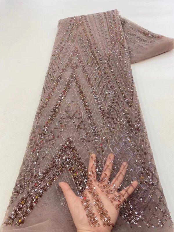 Luxo artesanal bordado seqüência frisado laço de alta qualidade áfrica francês tule lantejoulas tecido renda para festa costura qf0257