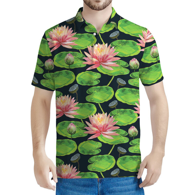 Camiseta polo com padrão floral lírio masculina, camiseta estampada em 3D com flor de lótus, camiseta casual com botão, manga curta lapela, verão